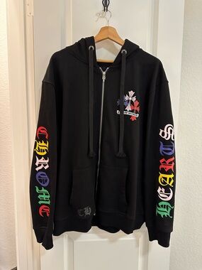 Chrome Hearts Black Zip-Up Hoodie with Multicolor Sleeve Graphics